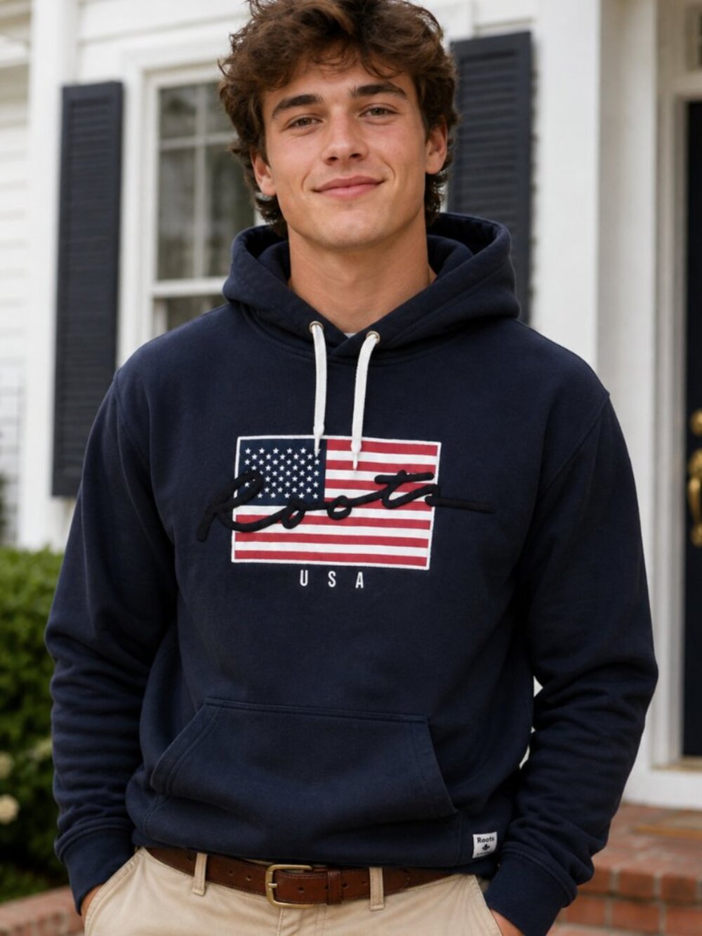 Roots Canada Hoodie USA Flag Men's Sz XL Beaver Pullover Blue Embroidered Preppy
